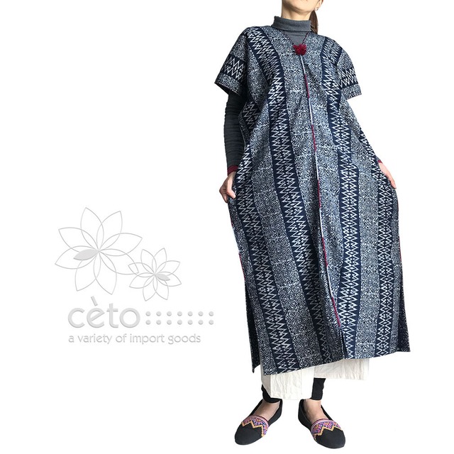 タイの手仕事 貫頭衣ワンピース モン族ろうけつ藍染生地 With ちくちく手刺繍ステッチ 送料無料 Ceto チェト