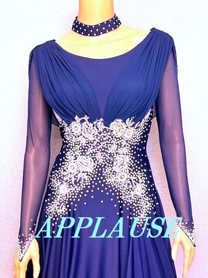 【再入荷】パーティードレス　社交ダンス ドレス　スタンダード　モダンドレス　ネイビー　M   ST-25-24  デモ・競技用ドレス　発表会衣装　パーティドレス　ワンピース　舞台衣装