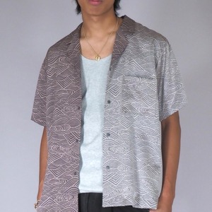 着物リメイクUMUI  メンズシャツ　スナップボタン  リラックスフィットM 80年代 正絹ちりめん着物　青海波　着物アップサイクル　シルク着物アロハ