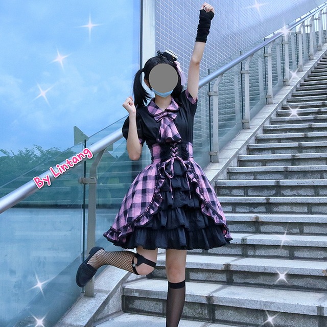 病み可愛い ゴスロリ ワンピ ピンク チェック柄 編上げ リボン アイドル衣装 コスチューム ストリート系 原宿系 地雷系 オルチャン 10代 20代 モード系ファッション専門店 With U