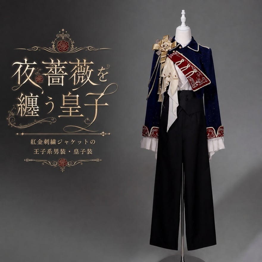 夜薔薇を纏う皇子 紅金刺繍ジャケット王子系男装・皇子装3点セットアップ
