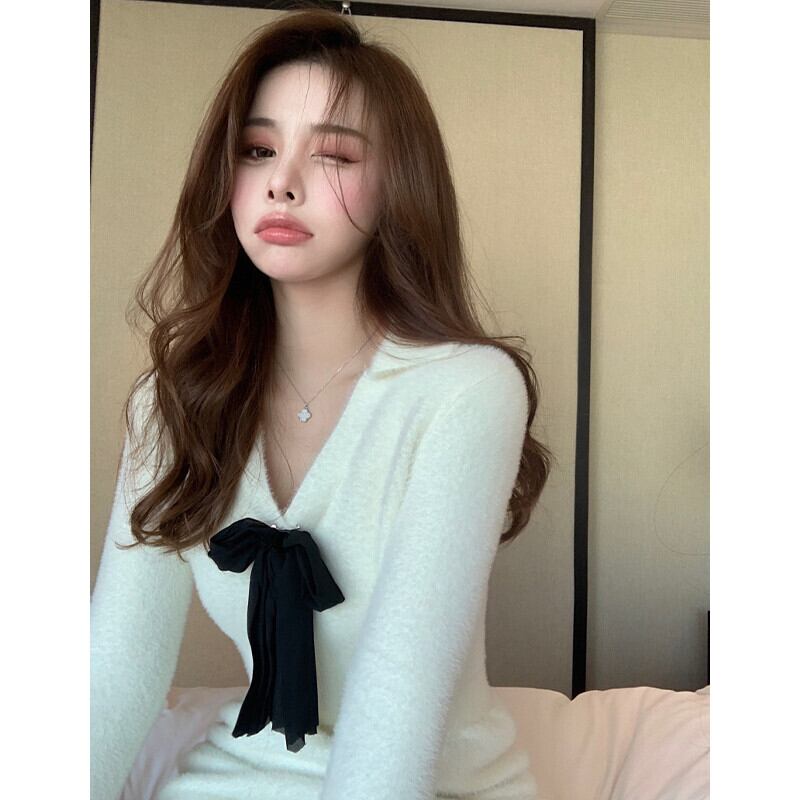 スタイルオータムウィンターショートVネックリボンセーター ハイウェストウェストスカート ロング 大人ガーリー スウィート キュート カジュアル 秋物 冬物 ガールズファッション5686808652