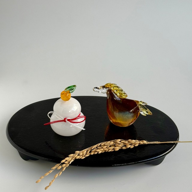 可児友紀　ガラスの鏡餅S × 干支S　SSセット【黒台・稲穂付き】