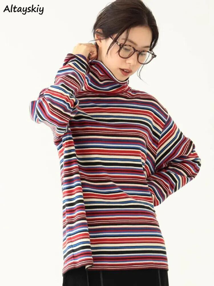 【新作】【送料無料】 タートルネックネック Tシャツ女性カラフルなストライプヴィンテージシックな長袖トップスルーズストリートカジュアルファッションオールマッチ秋 0378705559224