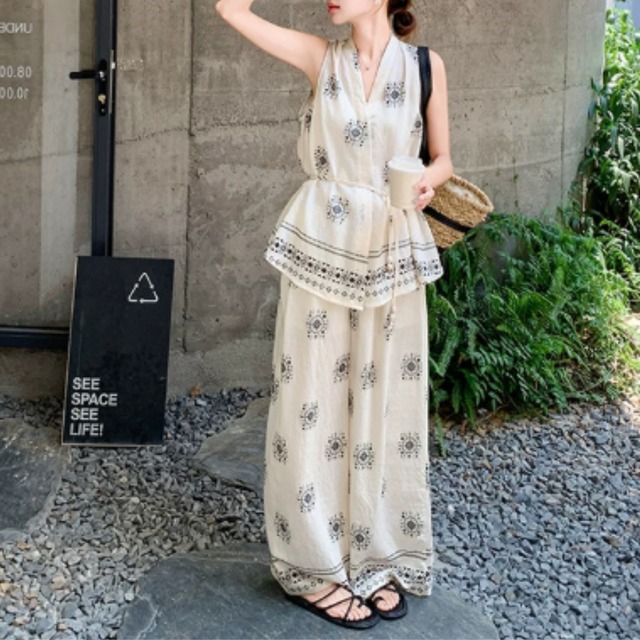 エスニック柄セットアップ ワイドパンツ 　N00498