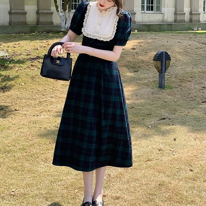 ワンピース レディース ロングワンピース ミモレ丈 ロング丈 半袖 ボリューム袖 パフスリーブ ラウンドネック Aライン 切り替え レース フリル リボン ウエストマーク パール かわいい 大人可愛い 上品 エレガント 清楚 フェミニン シック おしゃれ 綺麗 お嬢様 こなれ感 ラフ ラブリー キュート ガーリー アンティーク ロマンチック 抜け感 華やか クラシカル 存在感 主役級 チェック柄 デート お出かけ 女子会 パーティー イベント お呼ばれ S M L 春 夏 10代 20代 韓国 送料無料