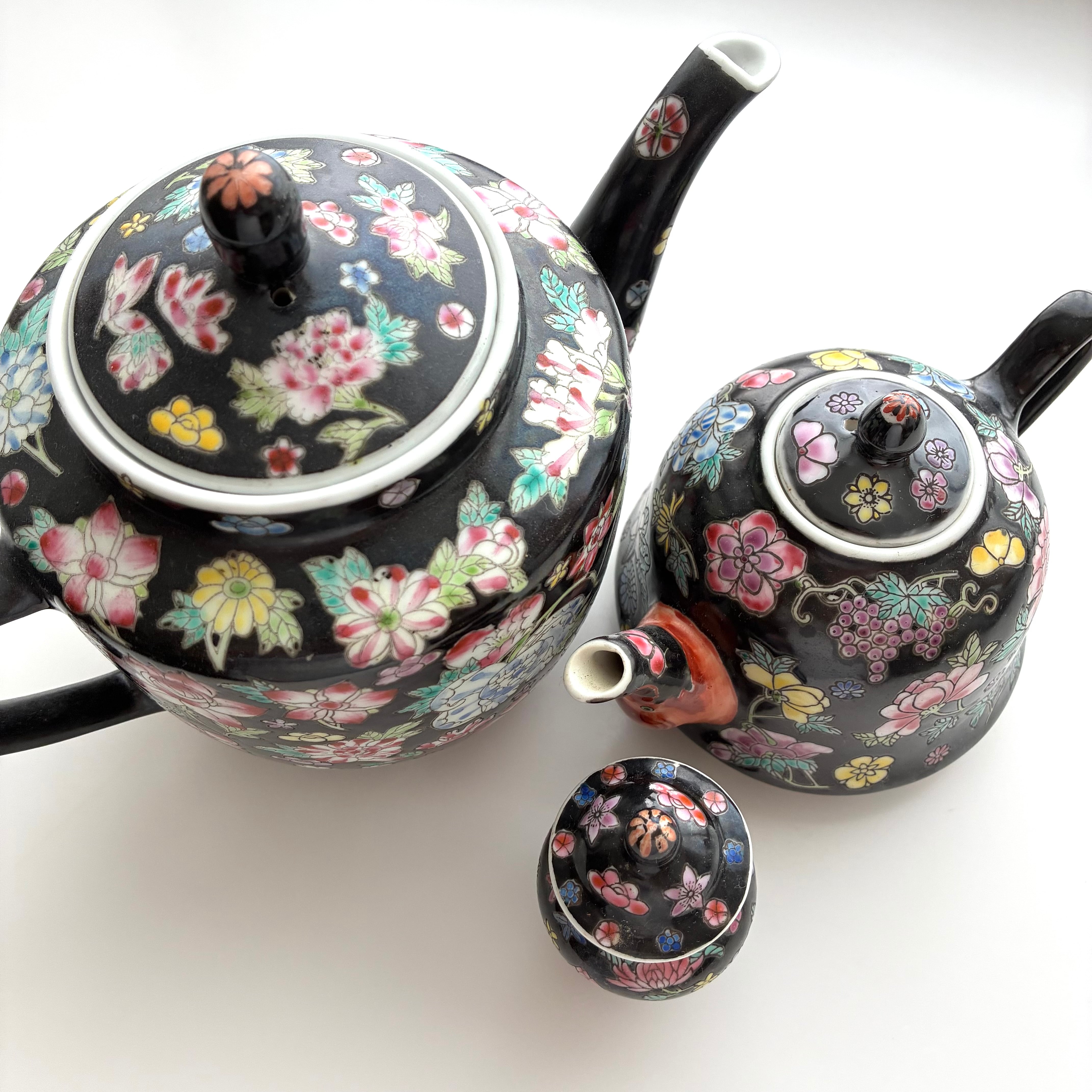 未使用極美品　中国景徳鎮　粉彩洋蓮　シノワズリ　黒 ボウル　中鉢18cm 3客 粉彩洋蓮の急須＃黒（80年代景徳鎮デッドストック） | 旅百貨 寿百貨