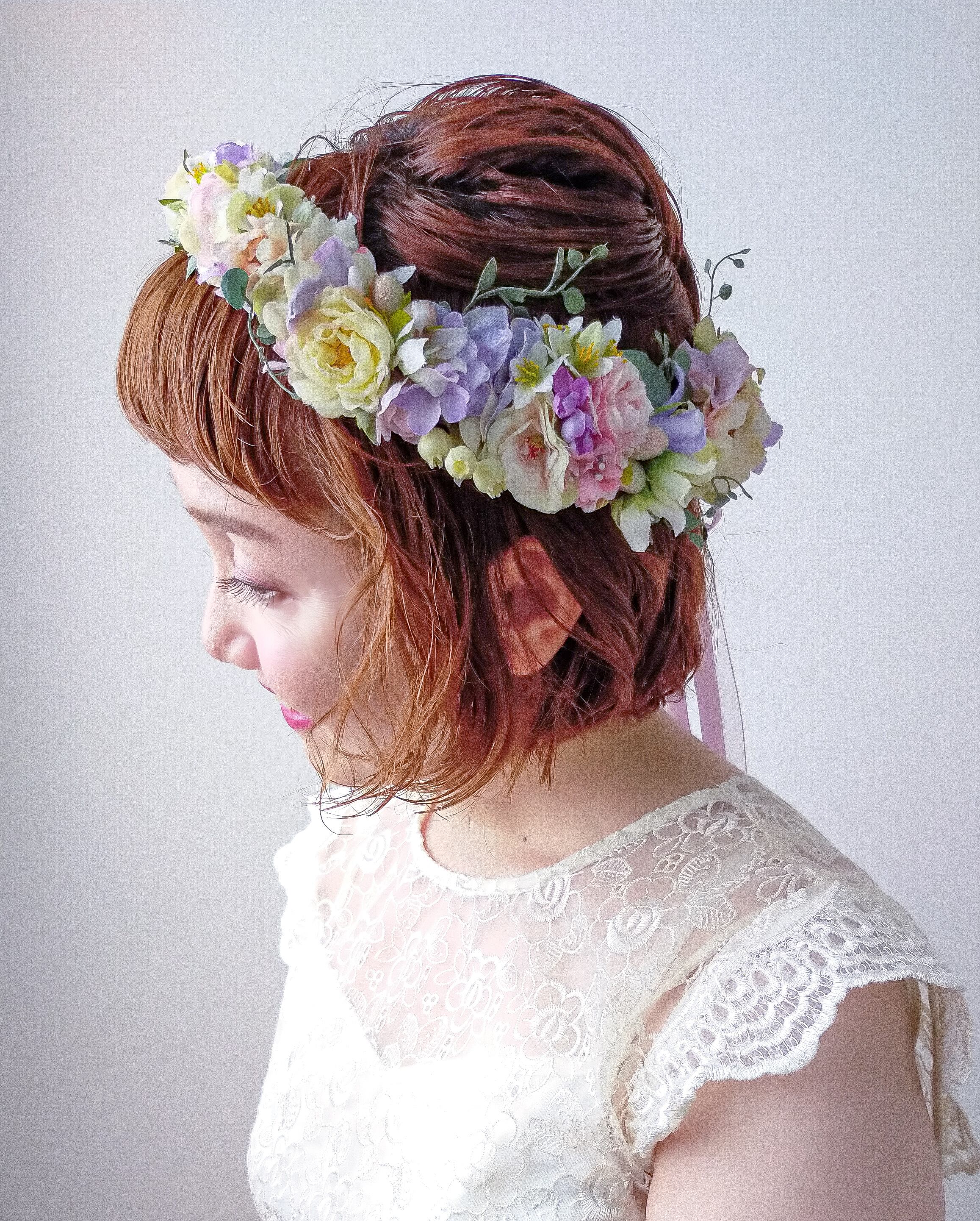 ナチュラル花冠 ホワイト＆ピンク色【1点もの】 | tekuteku＊flower