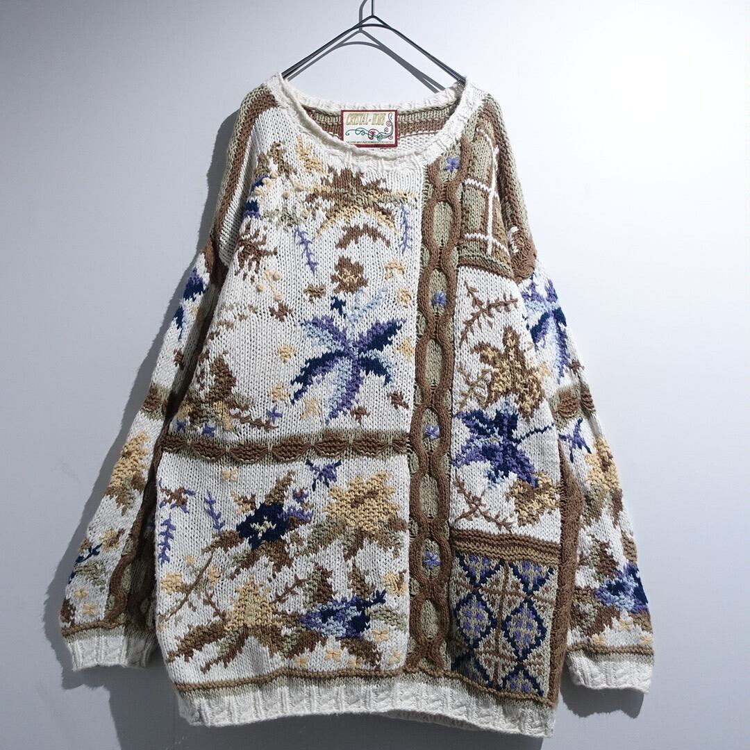 Multicolor Flower Motif & Geometric Design Ramie Cotton Knit