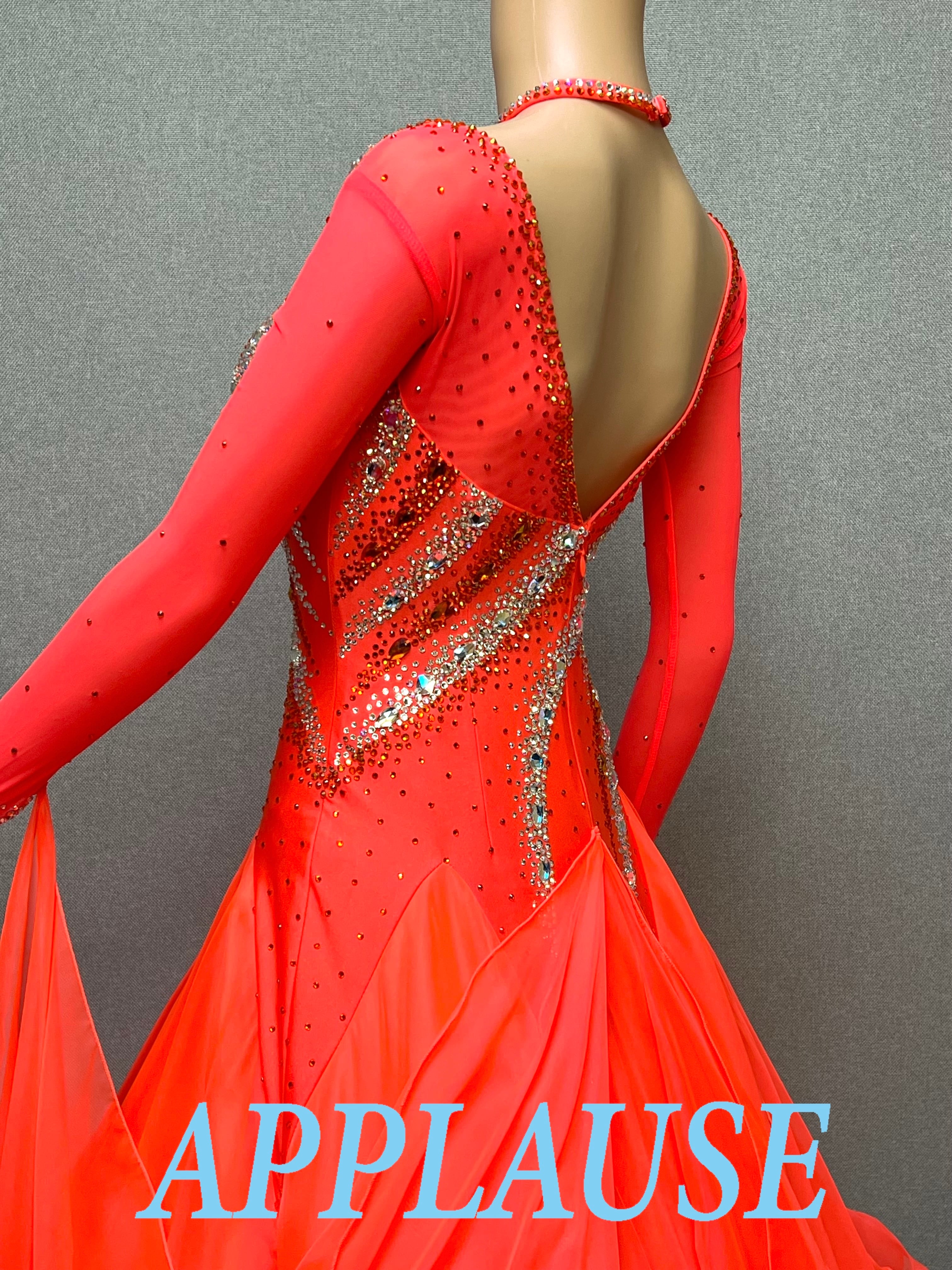 【新着】社交ダンス ドレス　モダン　スタンダード ドレス　ST-26-２　タンジェリンオレンジ　M〜L　デモ・競技用ドレス　発表会　衣装　パーティドレス　ワンピース　舞台衣装