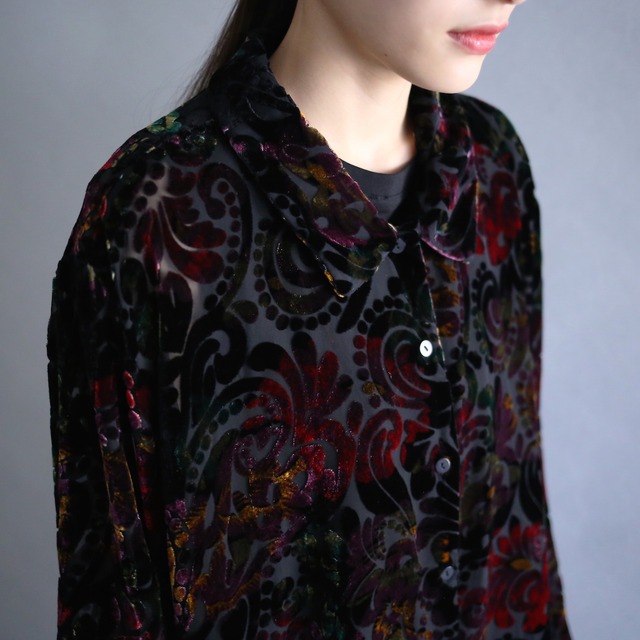 "玉虫色" art pattern loose velours sheer shirt