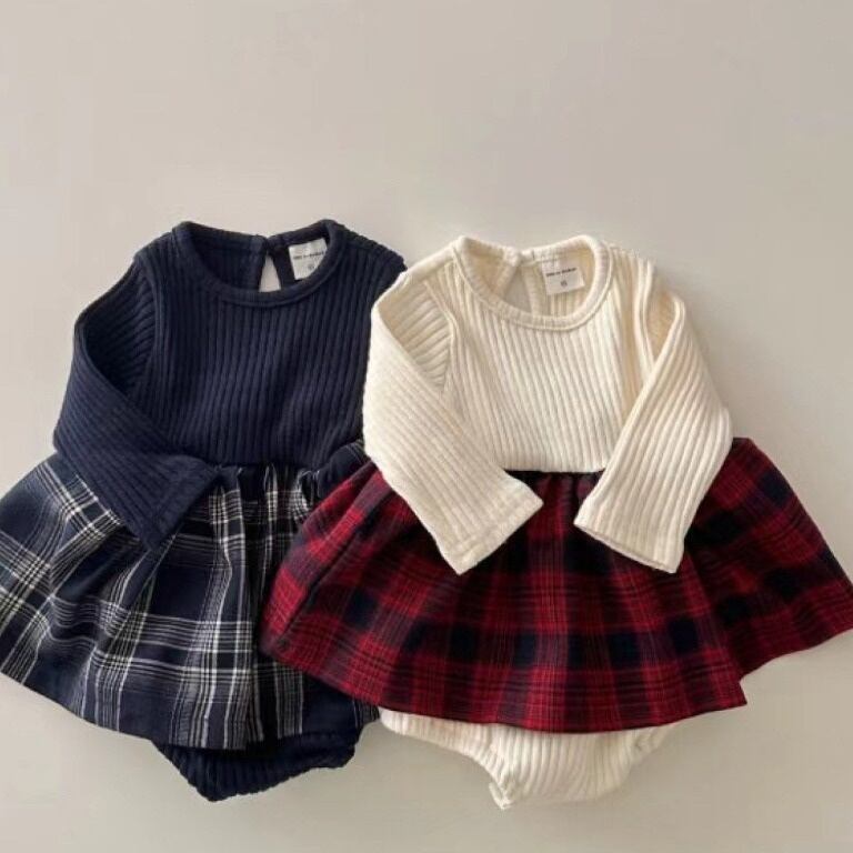 【BABY】チェック柄ワンピース風ロンパース