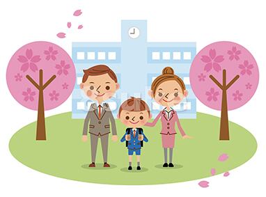 イラスト素材：入学式イメージ/小学生男子＋両親（ベクター・JPG）