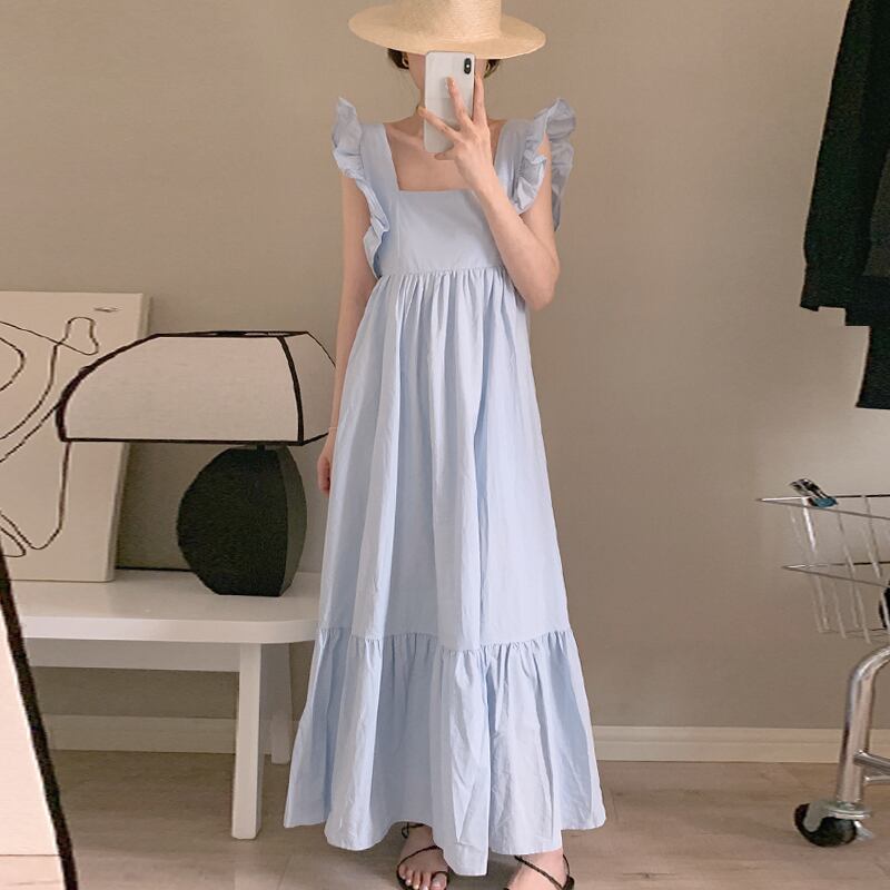 ワンピース レディース ロングワンピース ロング ロング丈 ノースリーブ ボリューム袖 スクエアネック Aライン フリル ショルダーフリル バックシャン バックリボン かわいい 大人可愛い カジュアル エレガント シック おしゃれ 綺麗 セクシー おとな ナチュラル こなれ感 ラフ ラブリー キュート ガーリー 個性的 リラックス 抜け感 学生 デート お出かけ 女子会 休日 リゾート 旅行 カフェ巡り 街歩き 公園デビュー フリーサイズ 夏 韓国 着回し 普段使い 体型カバー ホワイト ブラック ブルー