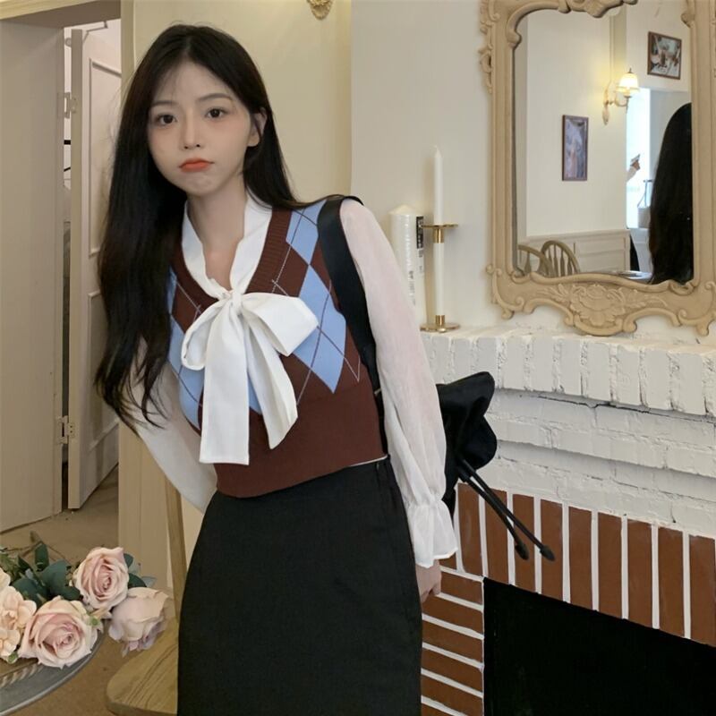 格子柄ニットトップス スタンダードVネックショート レトロ 萌量不足67739139962