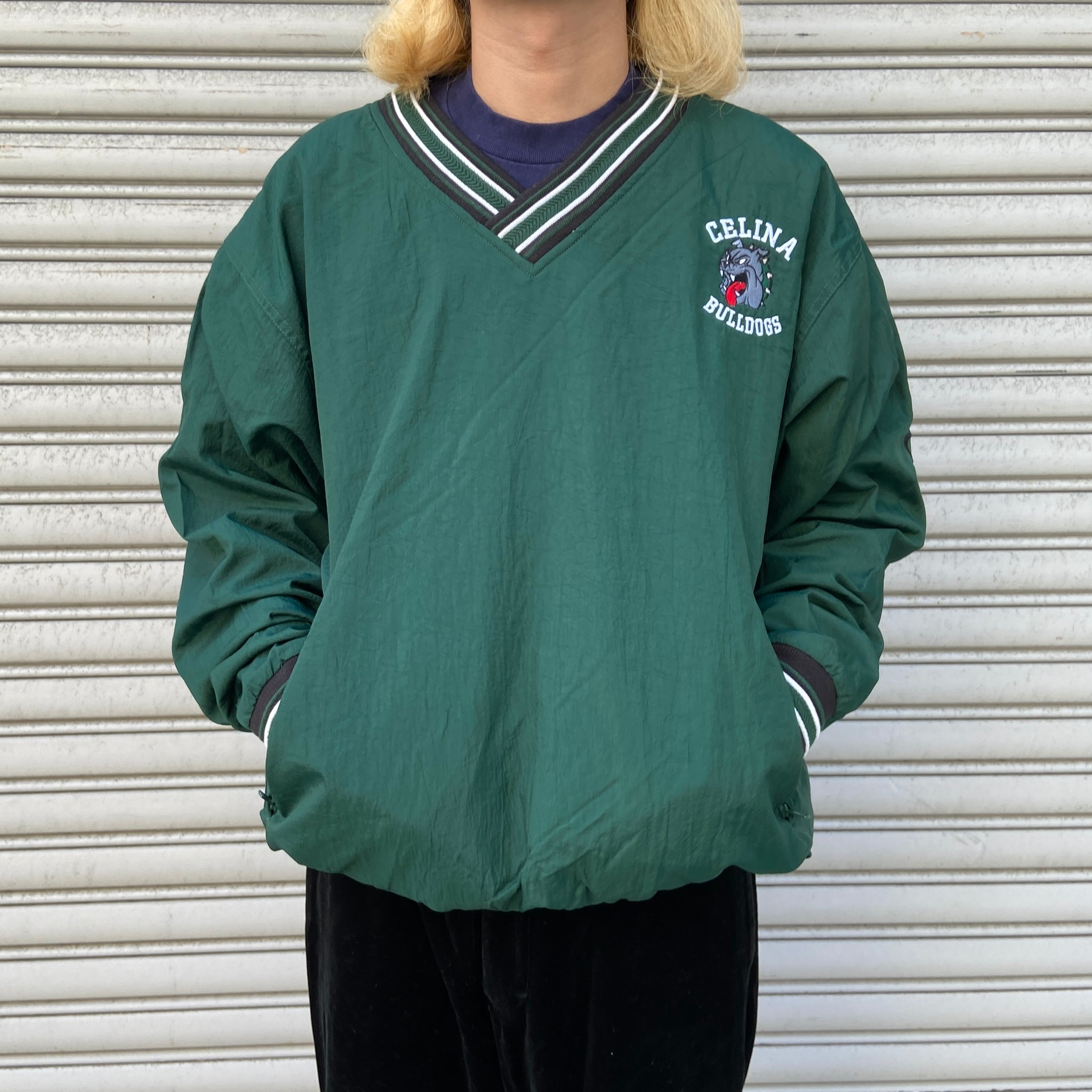 90s Champion Vネックナイロンプルオーバー チームロゴ 緑 ピステM 