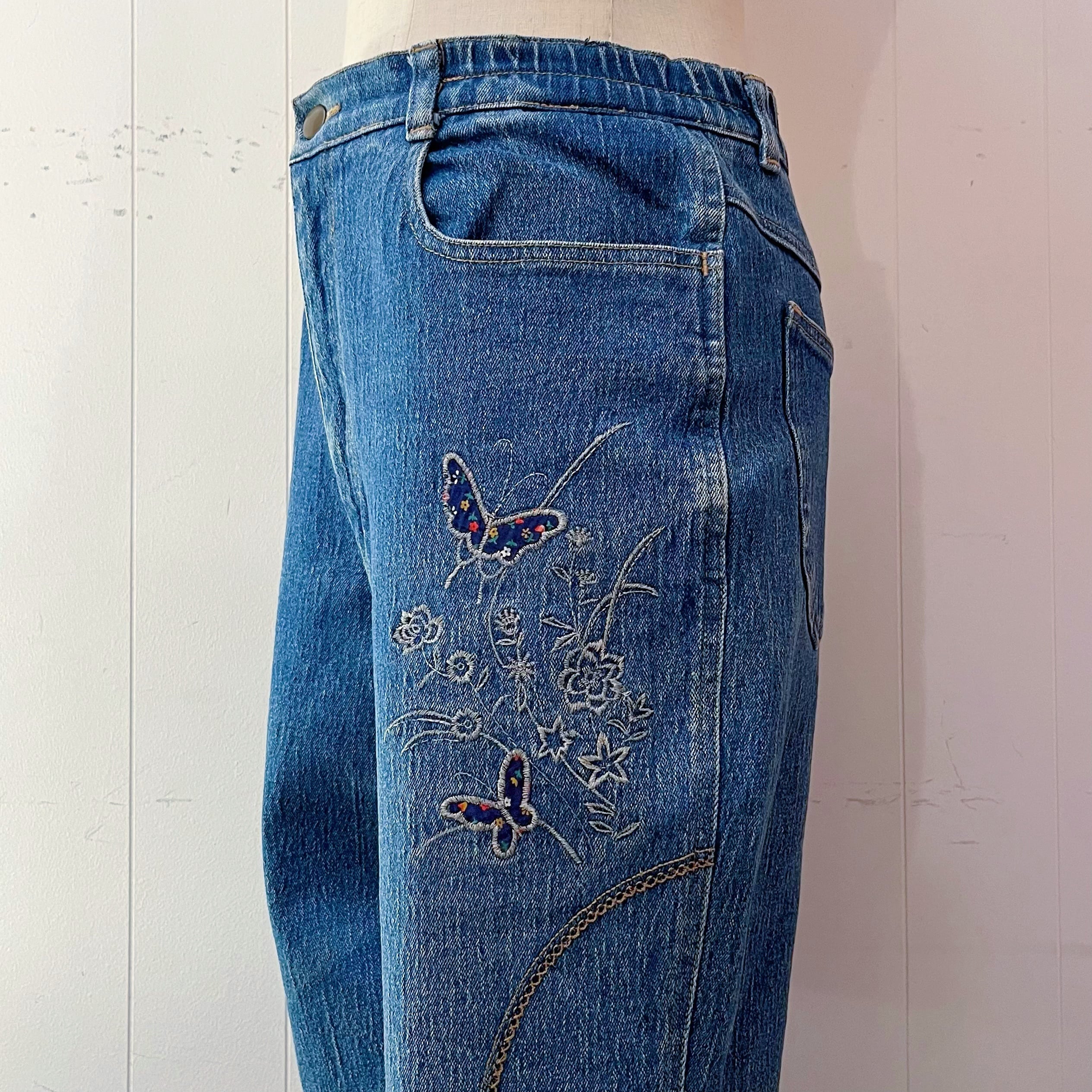 butterfly embroidery denim pants