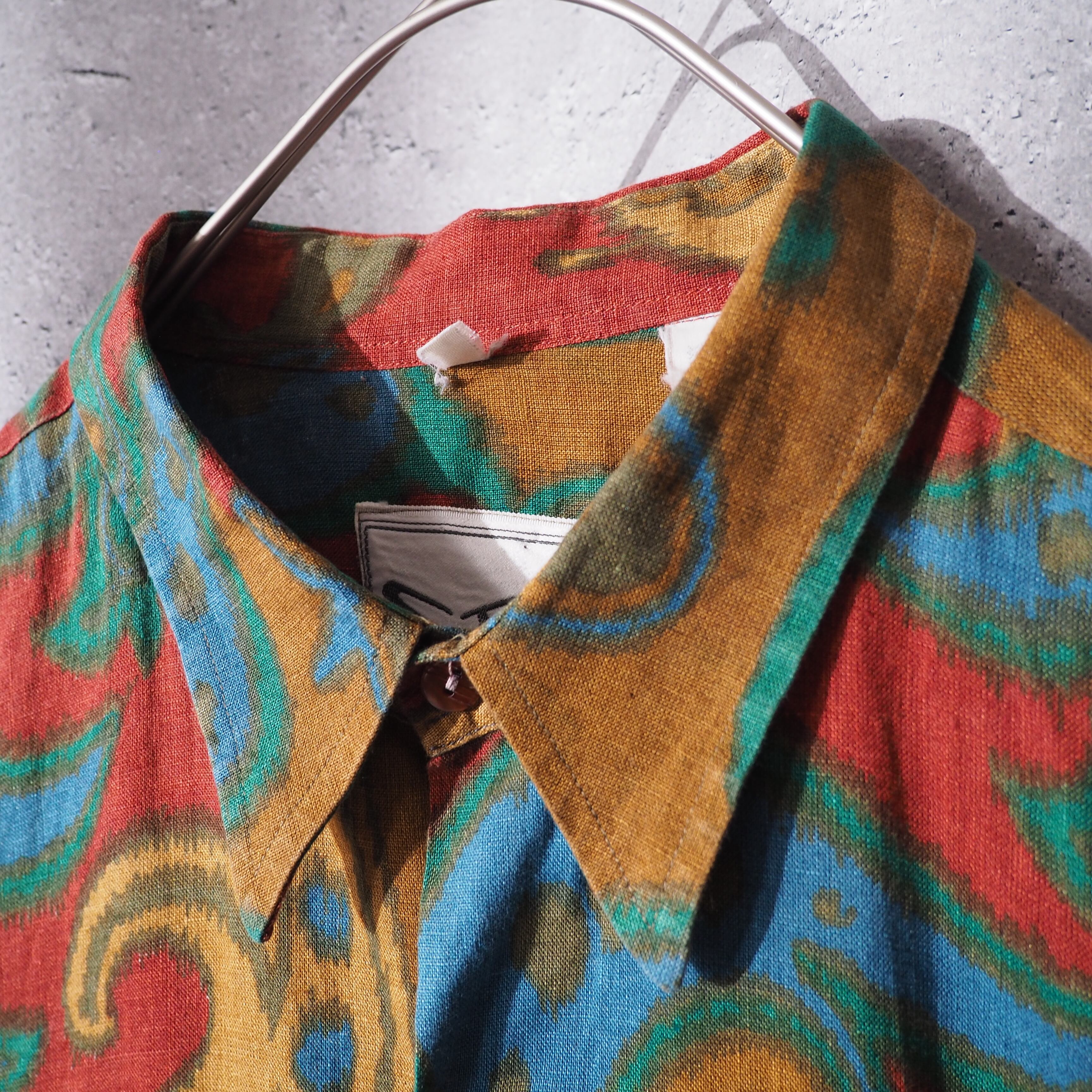 1990s " Made in Italy " Beautiful paisley pattern vintage loose SS linen shirt