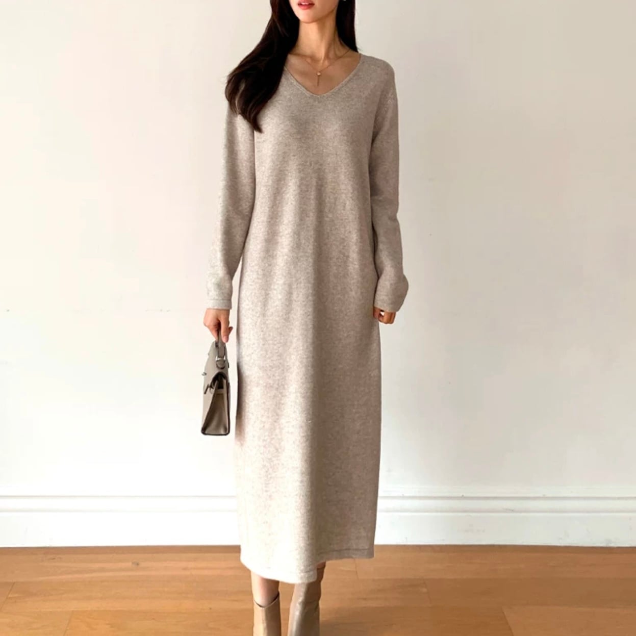 Vネック ミディ丈 ワンピース ◆3col YH9813