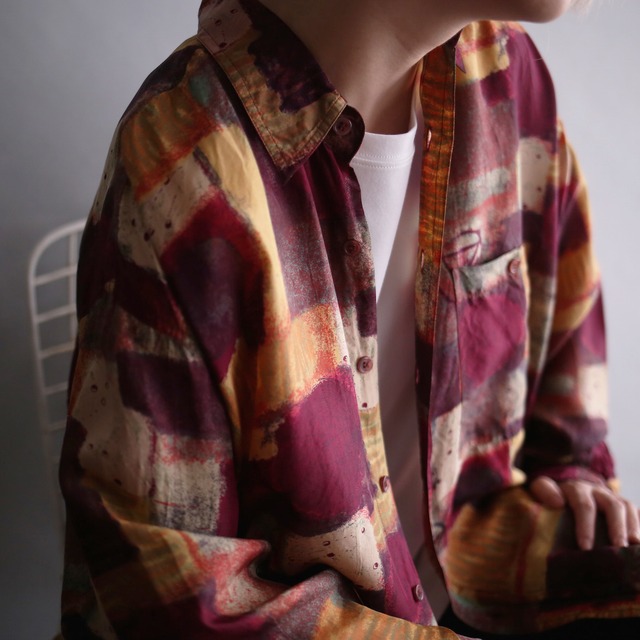 dark tone art graphic loose silk shirt
