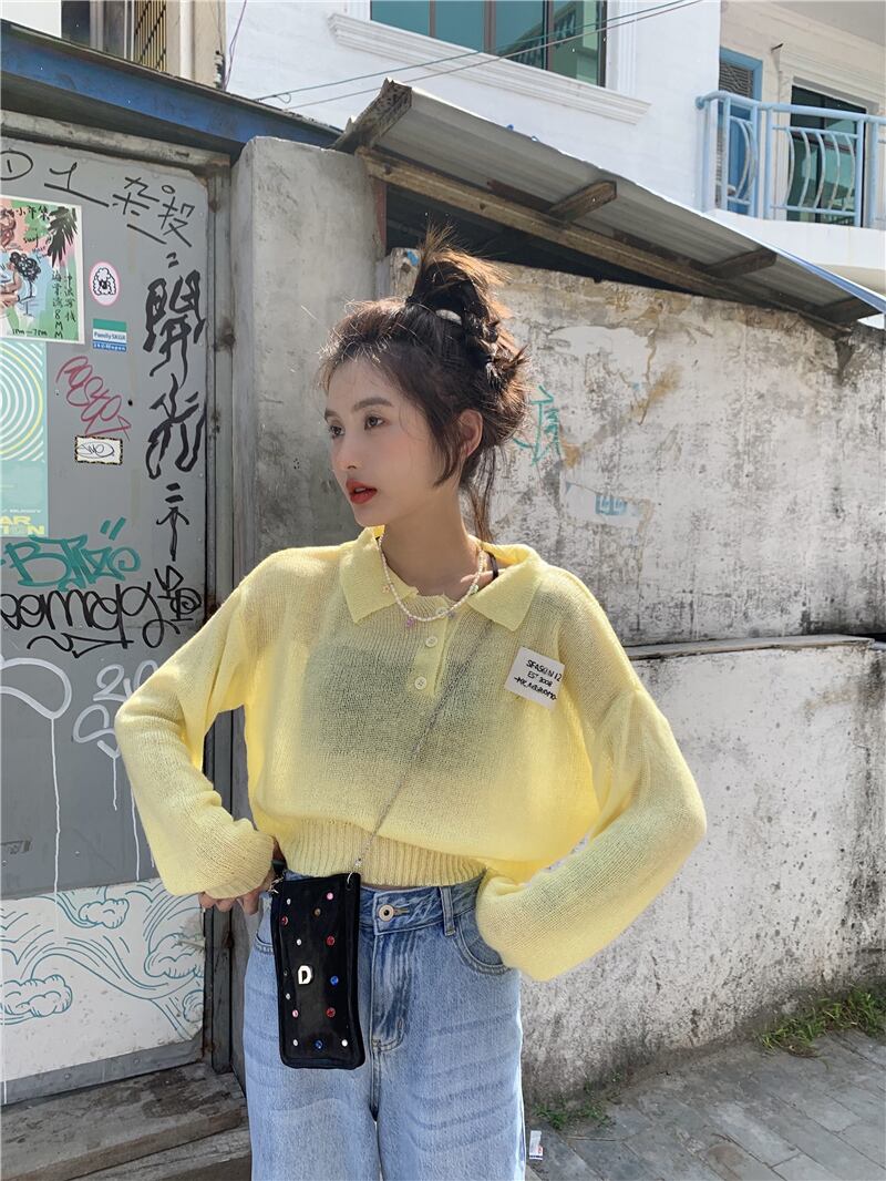 セーター レディースサマー薄手シャツ カラールーズイエローショート ロング 夏物 シルク ブラックストロベリース9322840714