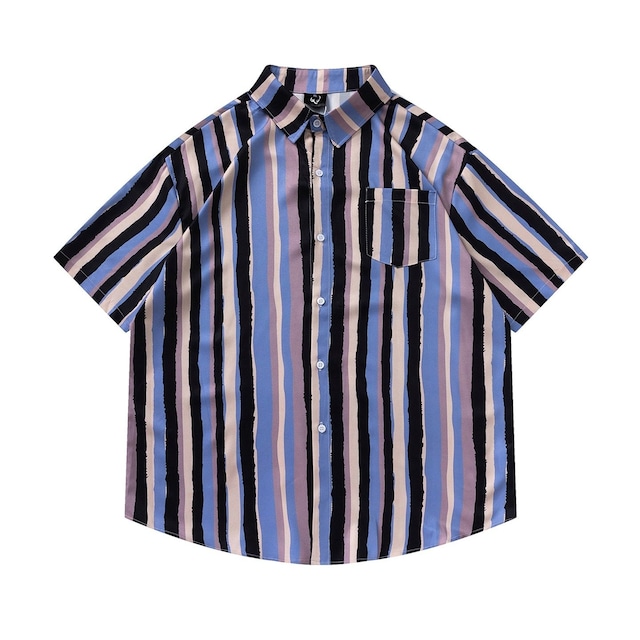 【UNISEX】ASYMMETRIC STRIPED TURN DOWN COLLAR SHIRT M-17824