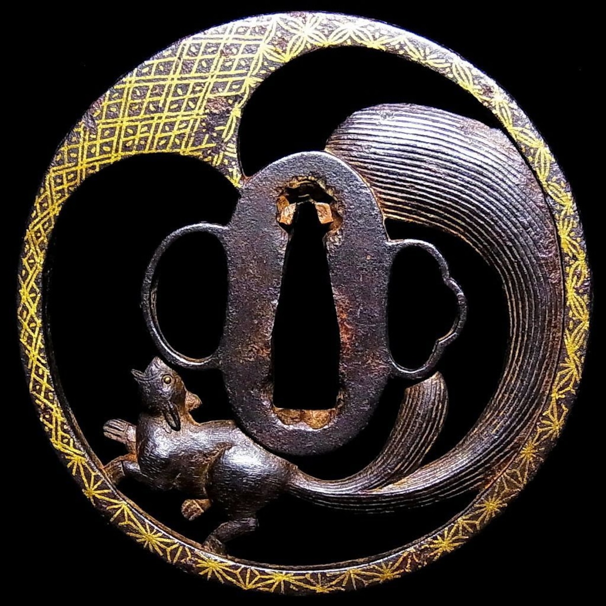 鍔 日本刀 鉄鍔 時代物 銀象嵌 （鉄地丸形栗鼠図透鍔 京正阿弥 | 松風 