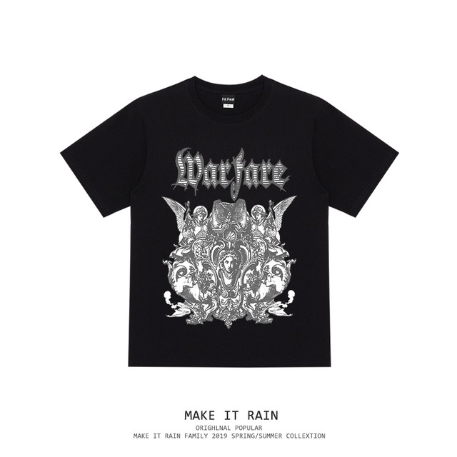 スタンダードダークブラックプリントTシャツ レディース レトロ MAKE_ITRAIN76807635841