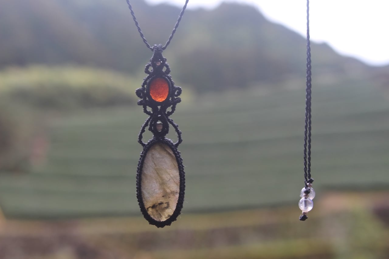 Multi purple Labradorite & Sunstone micro macrame pendant