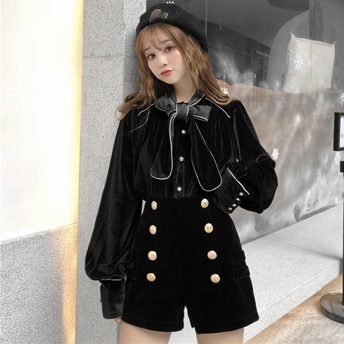 ✞ ベルベットリボンシャツブラウスダブルブレストショートパンツ大人女子☆ ✞ゴスロリ SM ミリ 甘ロリ クラロリ 和ロリ エレガント 黒ロリ 姫ロリ 華ロリ BB-BB33084061053