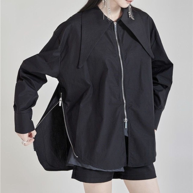 Big collar W-zip oversized long sleeve shirt【2color】 C1016