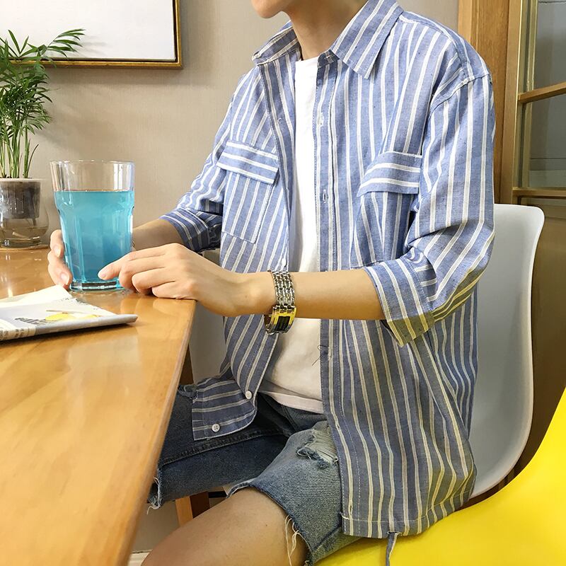 全2色 シャツ ストライプ 半袖 カジュアル シンプル 羽織