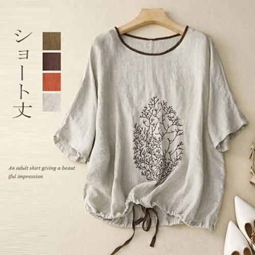 半袖シャツ tシャツ 刺繍 レディース グルーネック ブラウス トップス 刺繍シャツ シャツブラウス ショート丈 綿麻風 夏 半袖 無地 プルオーバー リボン付き シンプル お洒落 夏シャツ コーデ