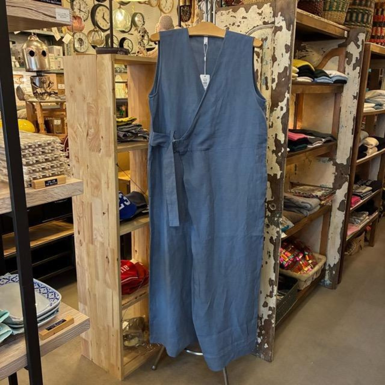 UNIVERSAL TISSU Triple Washed Linen Cotton Wrap Culotte Overalls in Smoky Blue