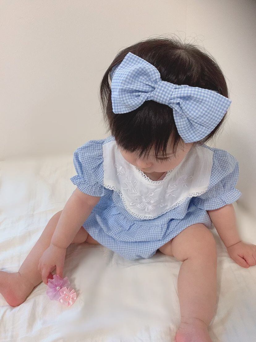 【即納】ギンガムチェックと刺繍のロンパース｜海外子供服｜韓国子供服