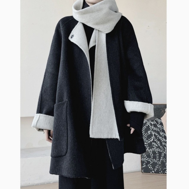 Loose collarless coat and muffler set【2color】 C0868