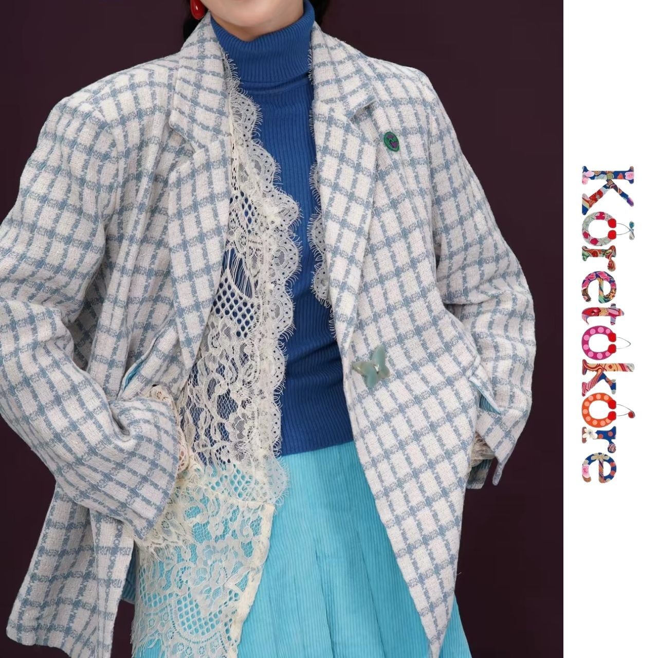 Powder Blue Plaid Lace Layered Jacket Set A4054