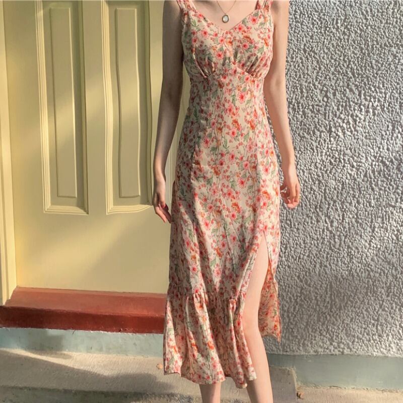 サマーフローラルスカート Vネックハイウェストウェストドレス 夏物 花柄 1号婦人88252443772