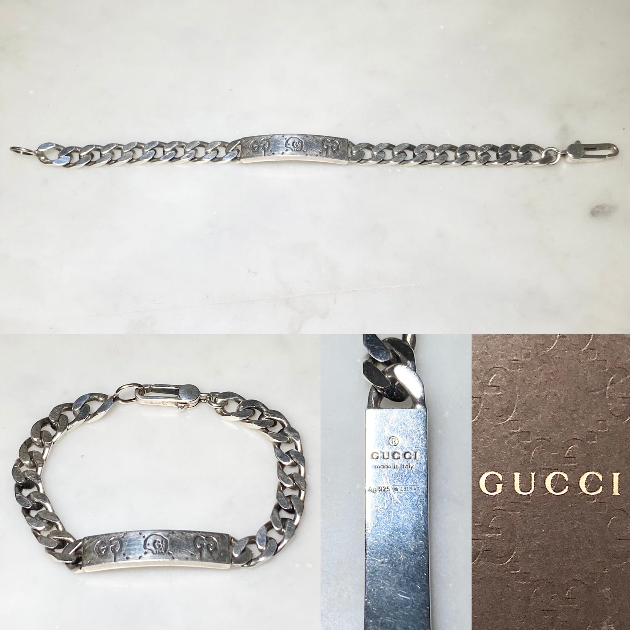 GUCCI silver flat link chain ID bracelet 