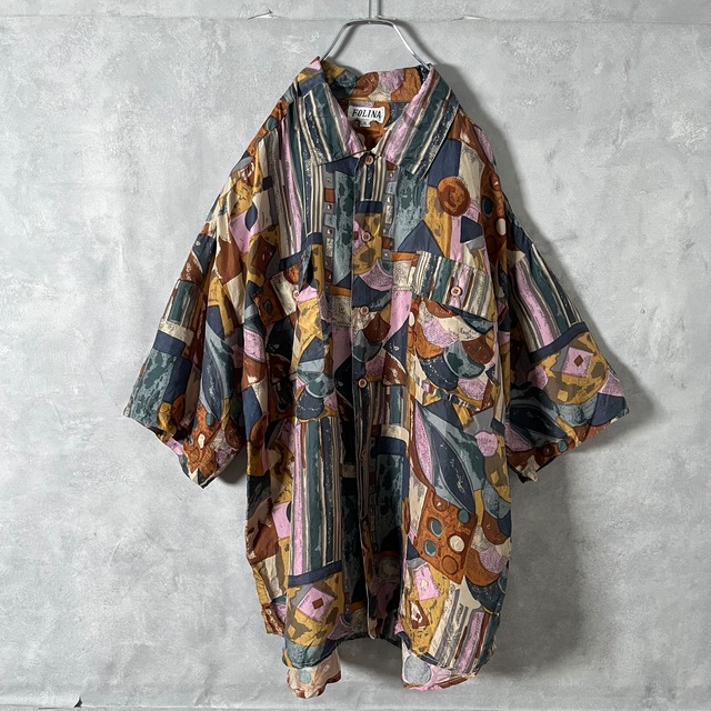 #6506 "FOLINA" geometric pattern flap silk shirt