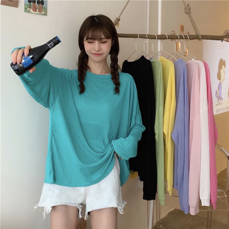 薄手ルーズTシャツ シャツ スプリングソリッド カラー ロング 春物 ソリッドカラー 萌量不足43775560987