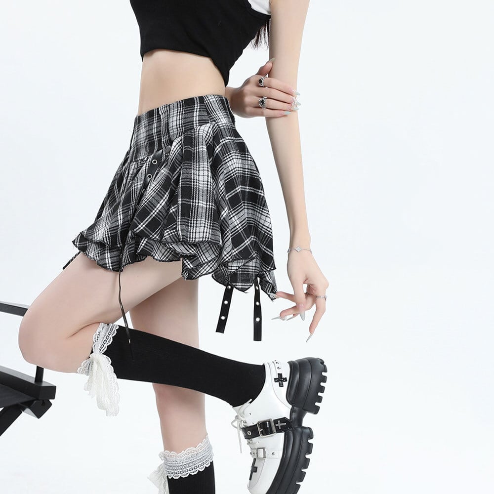 【送料無料】 チェック柄 ミニスカート アシンメトリー レディース 春夏 韓国 原宿系 ストリート アメカジ 大人 カジュアル かわいい ロック パンク Y2K 裏地付き 大人可愛い 大人女子