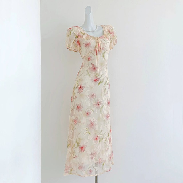 ワンピース パフスリーブ 花柄 バックリボン 女っぽさが漂う S M L XL