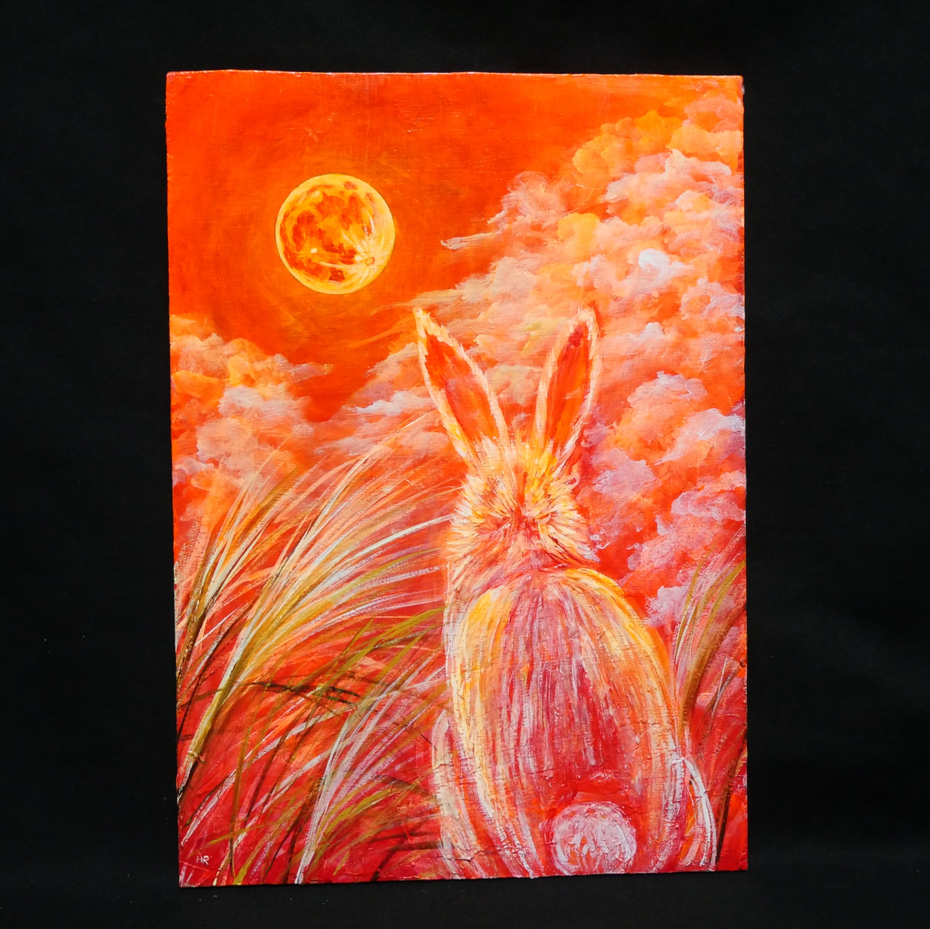 油絵 油彩 油彩画 絵 絵画【お月見うさぎ】 油絵 油彩 油彩画 絵画 絵【オレンジの月うさぎ】 | HIROSHI1990