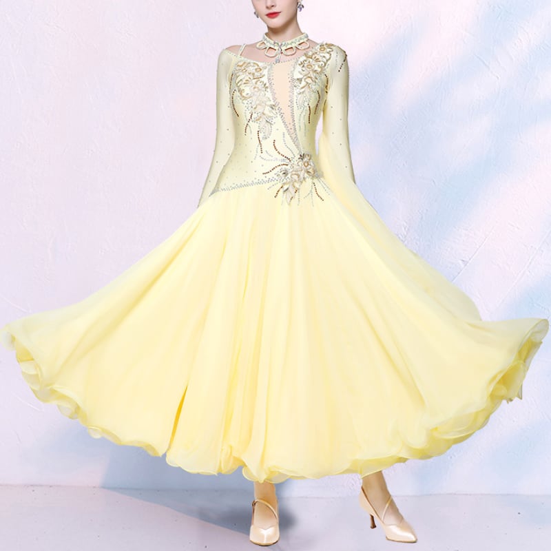 レモンイエロー ラインストーン ゴージャスフレア ダンスドレス 1col D00480
