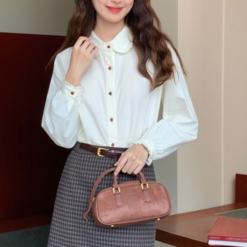 配色ボタンフリルラウンドカラーブラウス ・72880