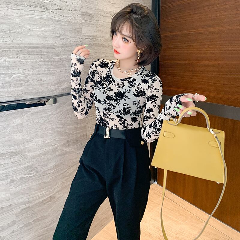 ラウンドネックメッシュジャカードシャツ オータムスタイル 秋物 Oネック MIUCO65357946741