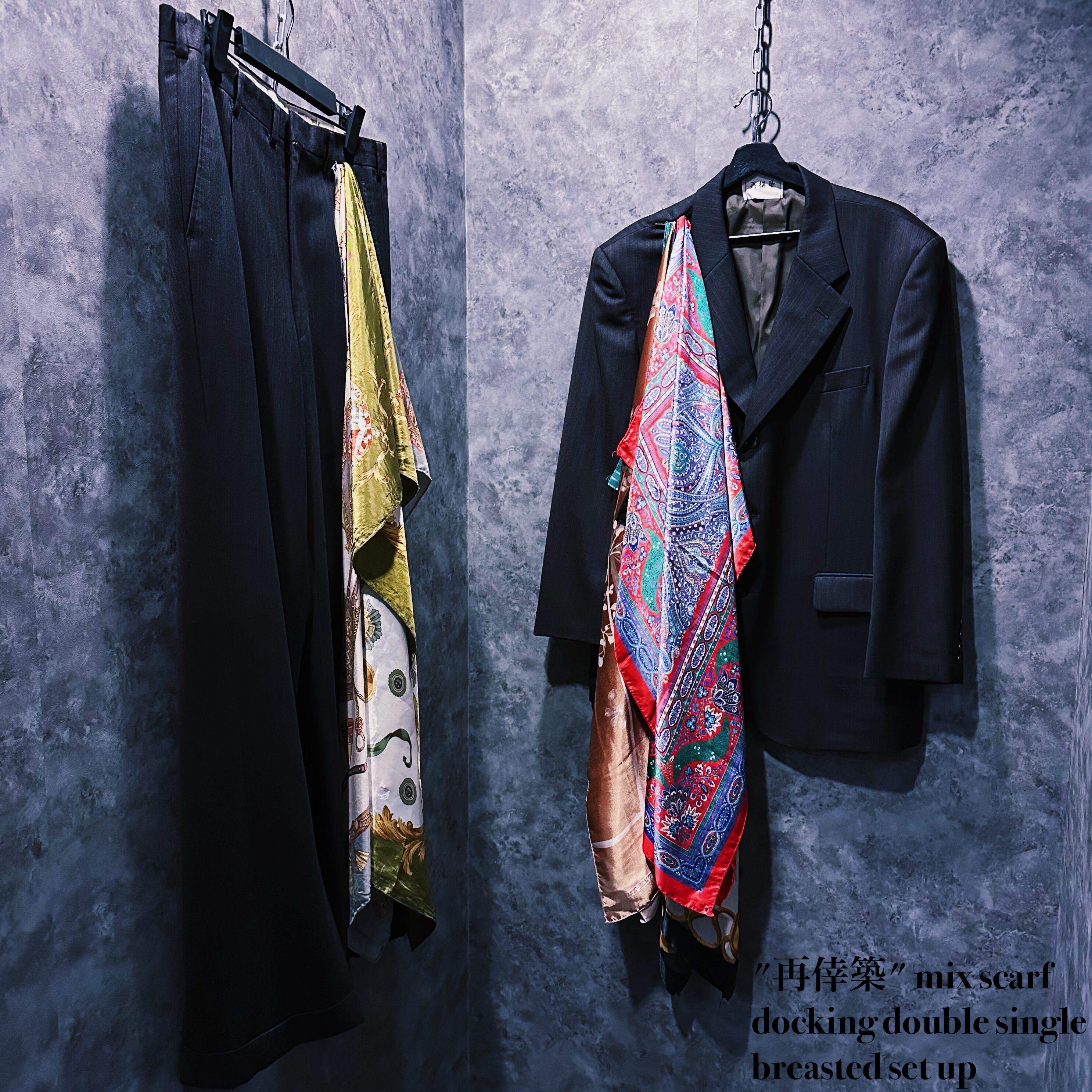 【doppio】"再倖築" mix scarf docking double single breasted set up