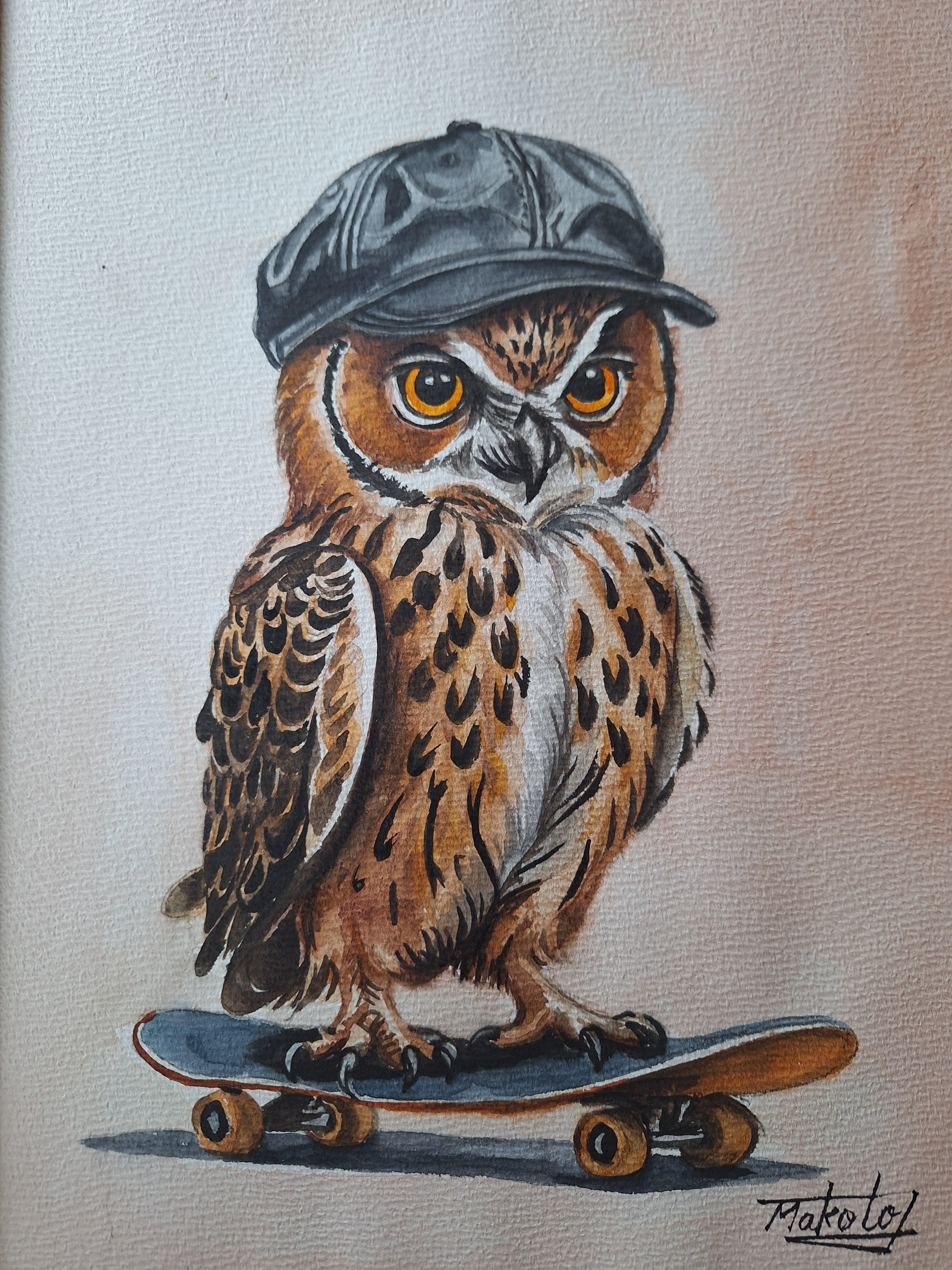 水彩画 スケボーふくろう | 工房 和み