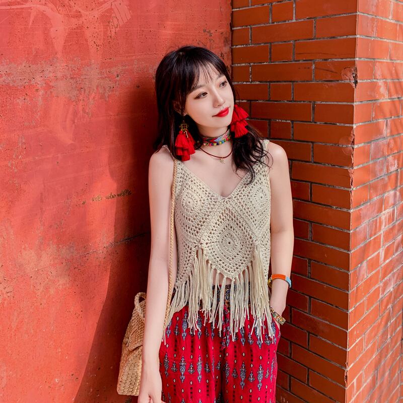 スタンダードブラウス ボヘミアンニットショートエスニックスタイル レトロ 延命家ファッション5745505